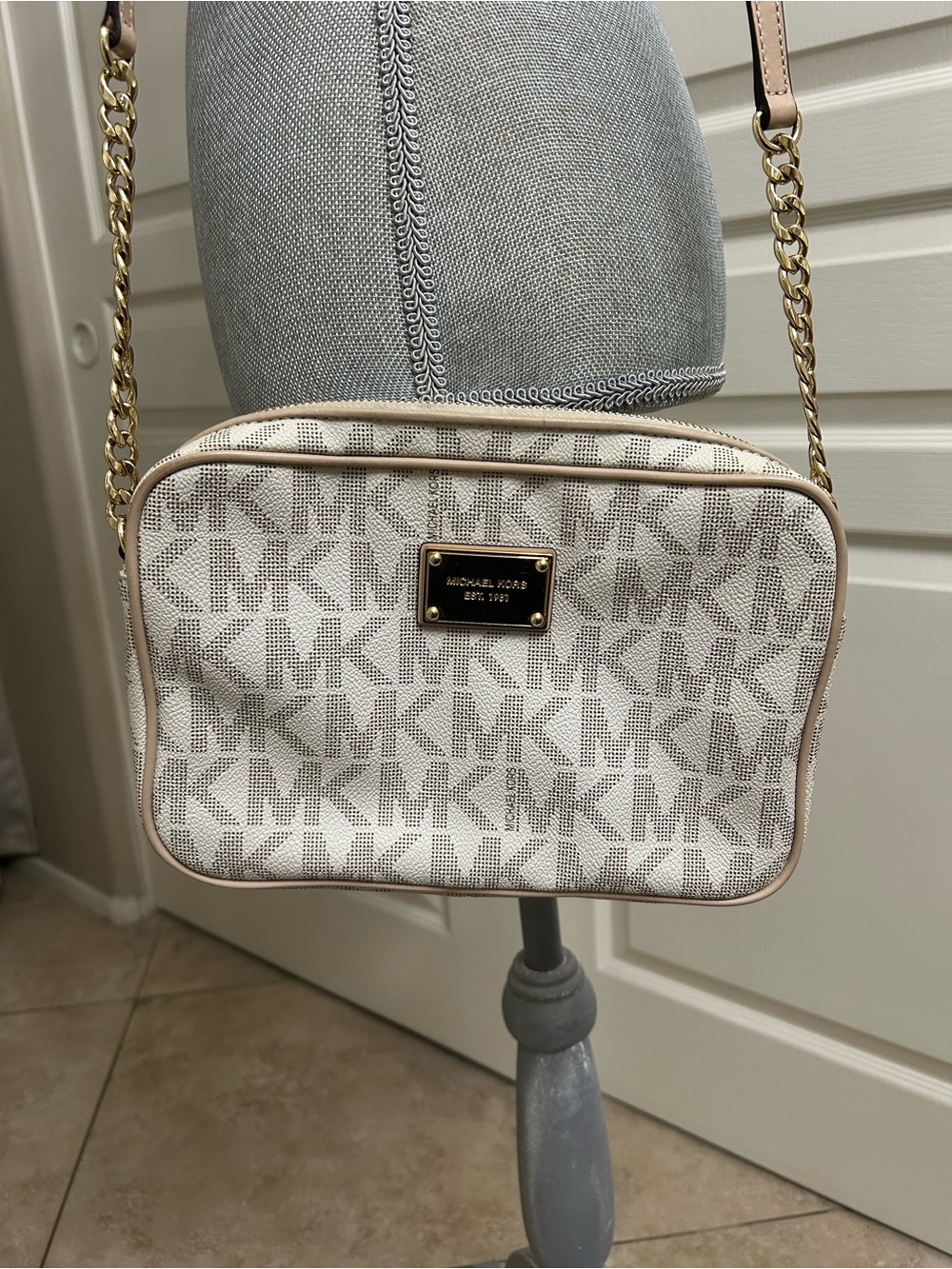 Michael Kors Cream and Tan MK Logo Crossbody Bag